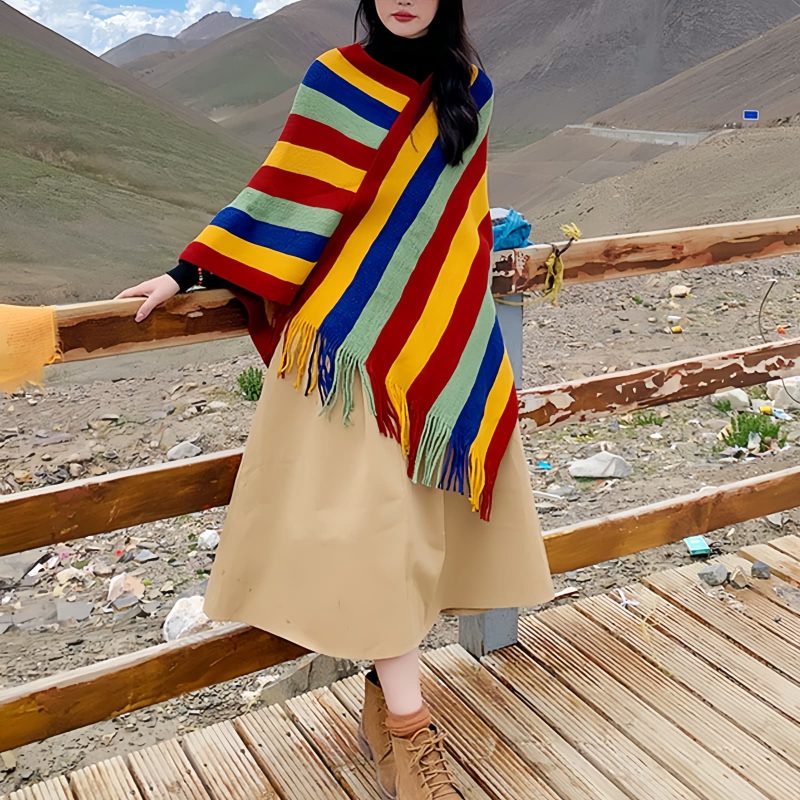 Xale Aconchegante de Viagem com Design de Borlas Tibetanas Tibetan Tassel Design Cozy Travel Shawl