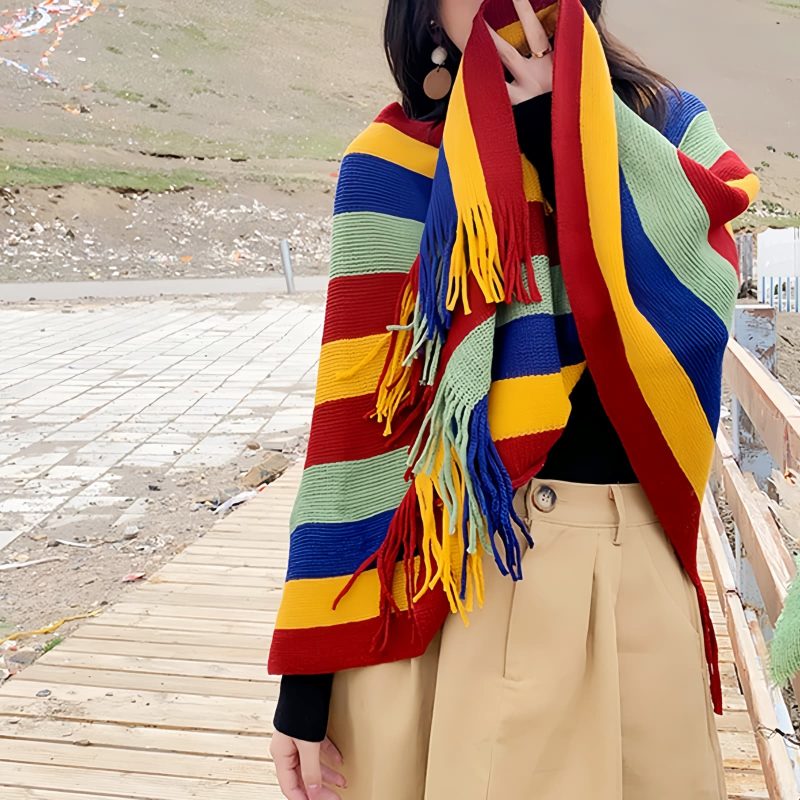 Xale Aconchegante de Viagem com Design de Borlas Tibetanas Tibetan Tassel Design Cozy Travel Shawl