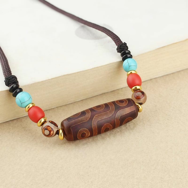 Collar de Protección con Cuenta Dzi de Tres Ojos Tibetana Tibetan Three-Eye Dzi Bead Protection Necklace