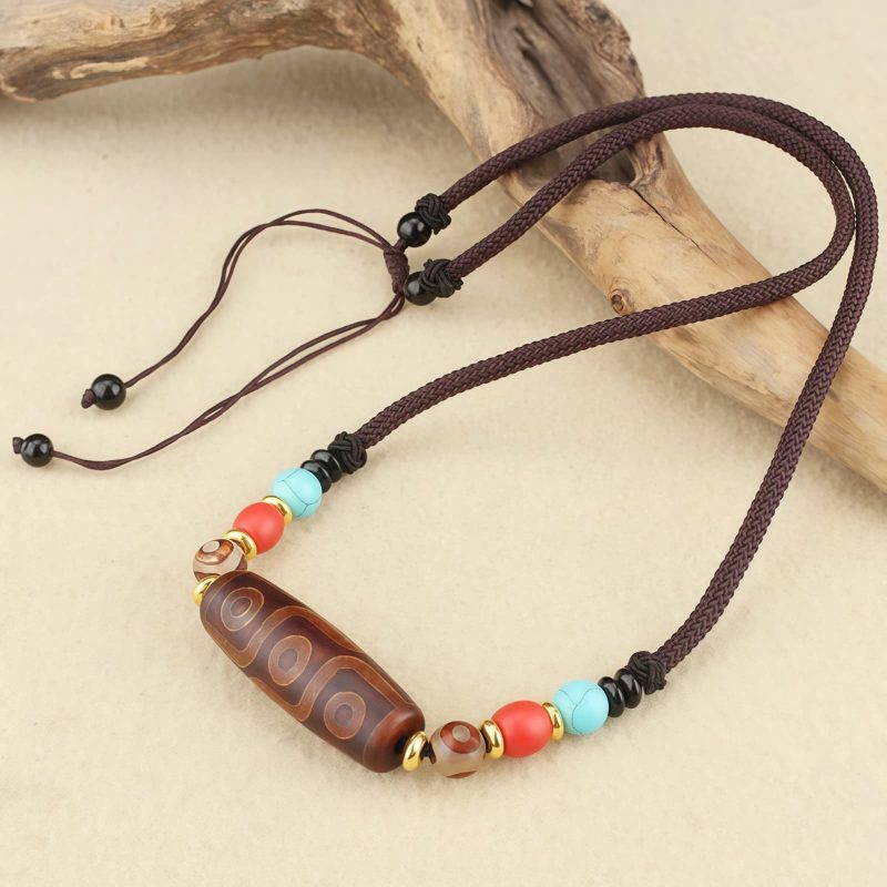 Collar de Protección con Cuenta Dzi de Tres Ojos Tibetana Tibetan Three-Eye Dzi Bead Protection Necklace