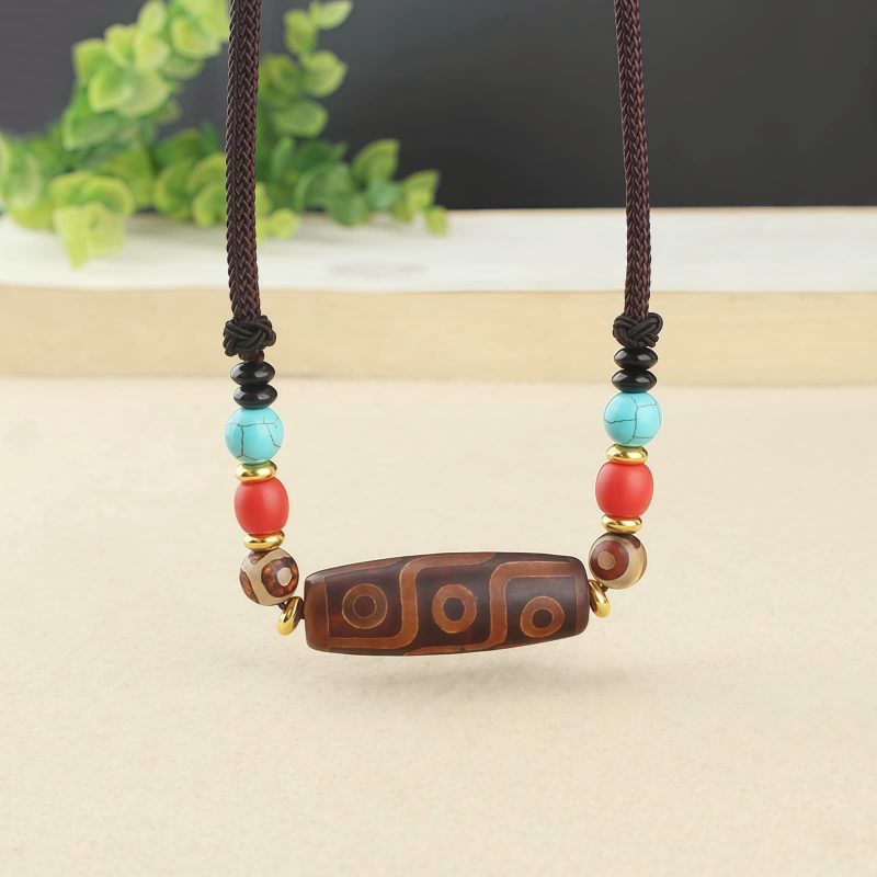 Collar de Protección con Cuenta Dzi de Tres Ojos Tibetana Tibetan Three-Eye Dzi Bead Protection Necklace