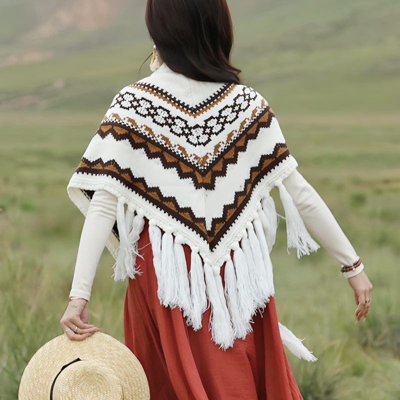 Chal de Borlas con Rayas Triangulares Tibetanas Tibetan Triangular Striped Tassel Shawl