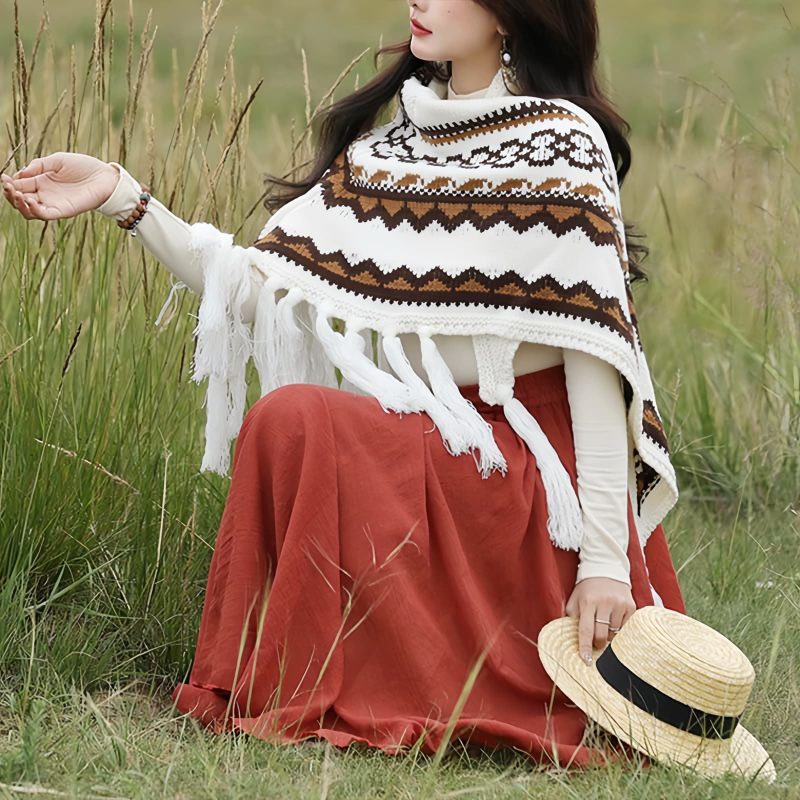 Chal de Borlas con Rayas Triangulares Tibetanas Tibetan Triangular Striped Tassel Shawl