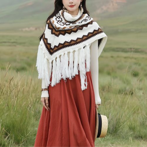 Chal de Borlas con Rayas Triangulares Tibetanas Chal de Borlas con Rayas Triangulares Tibetanas