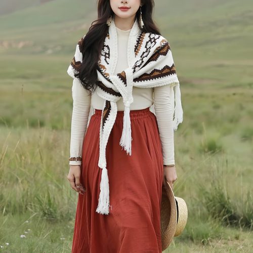 Chal de Borlas con Rayas Triangulares Tibetanas Chal de Borlas con Rayas Triangulares Tibetanas