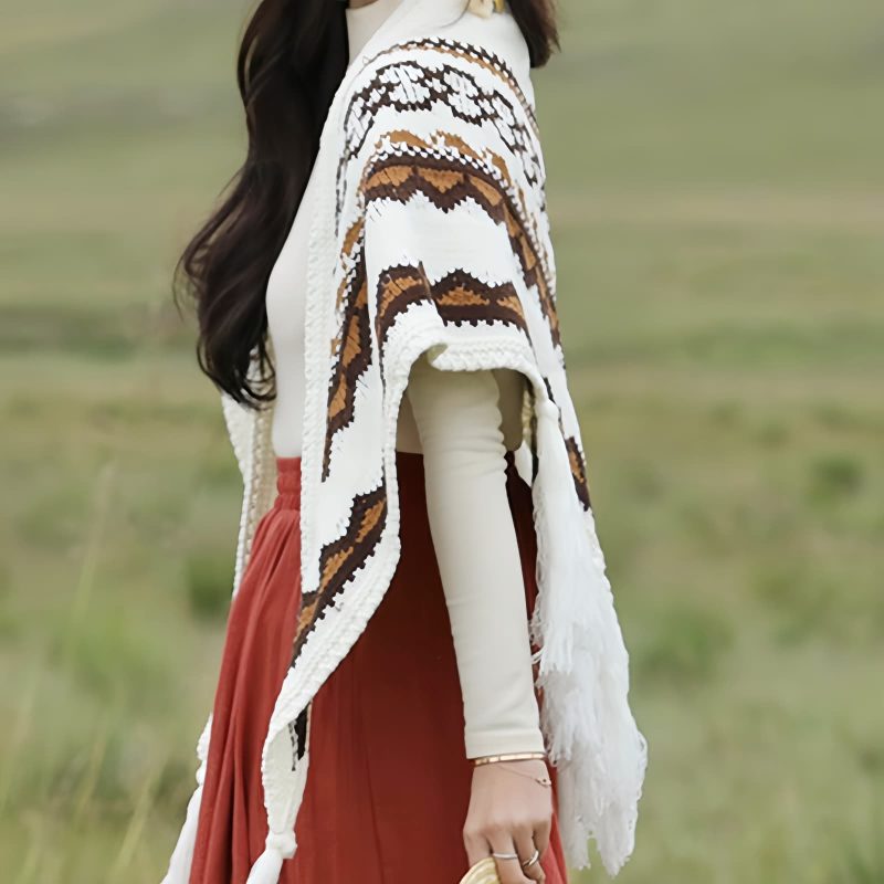 Chal de Borlas con Rayas Triangulares Tibetanas Tibetan Triangular Striped Tassel Shawl