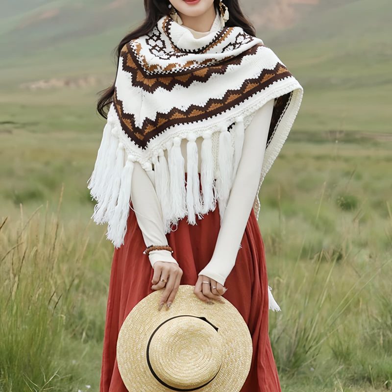 Chal de Borlas con Rayas Triangulares Tibetanas Tibetan Triangular Striped Tassel Shawl