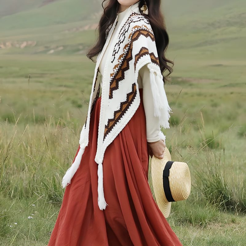 Chal de Borlas con Rayas Triangulares Tibetanas Tibetan Triangular Striped Tassel Shawl