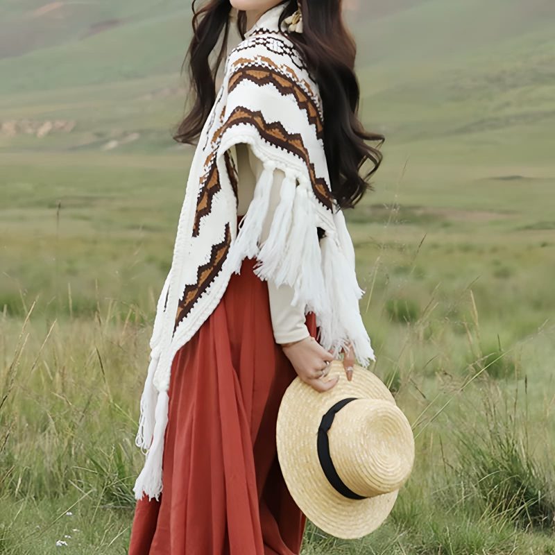 Chal de Borlas con Rayas Triangulares Tibetanas Tibetan Triangular Striped Tassel Shawl