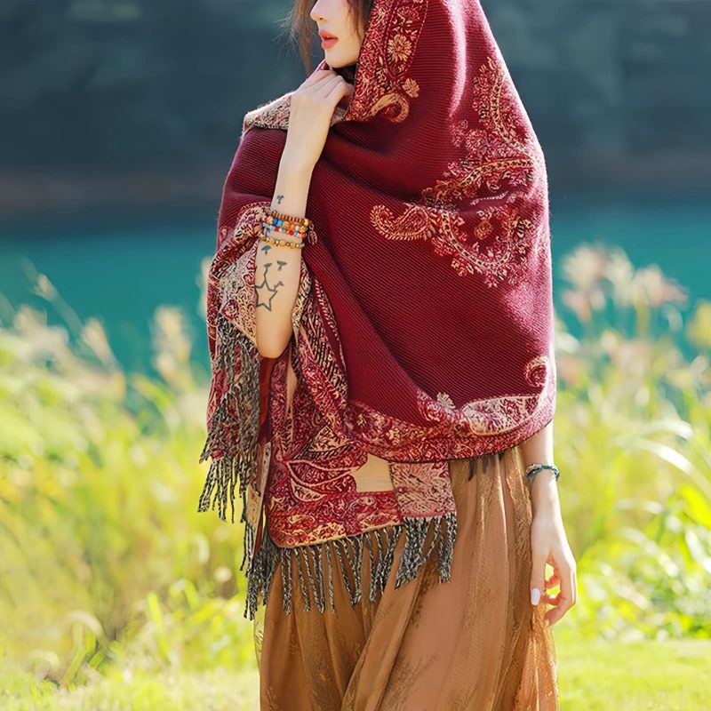 Chale con Estampado de Hojas de Vid Tibetano Tibetan Vine Leaves Pattern Shawl