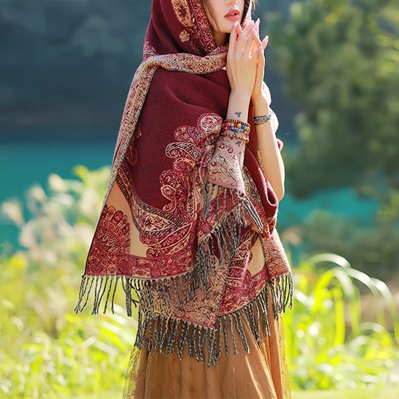 Chale con Estampado de Hojas de Vid Tibetano Tibetan Vine Leaves Pattern Shawl