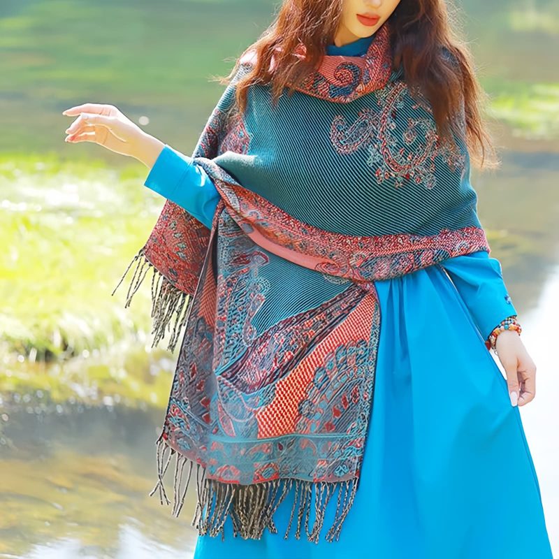 Chale con Estampado de Hojas de Vid Tibetano Tibetan Vine Leaves Pattern Shawl