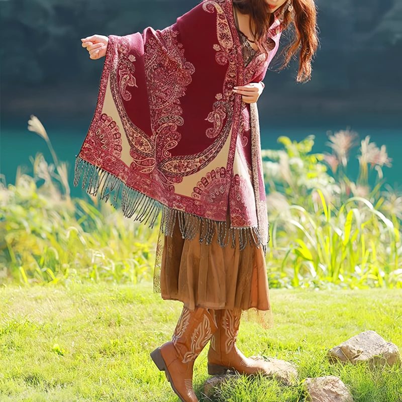 Chale con Estampado de Hojas de Vid Tibetano Tibetan Vine Leaves Pattern Shawl