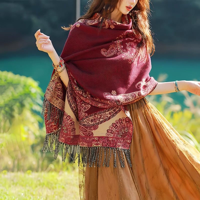 Chale con Estampado de Hojas de Vid Tibetano Tibetan Vine Leaves Pattern Shawl