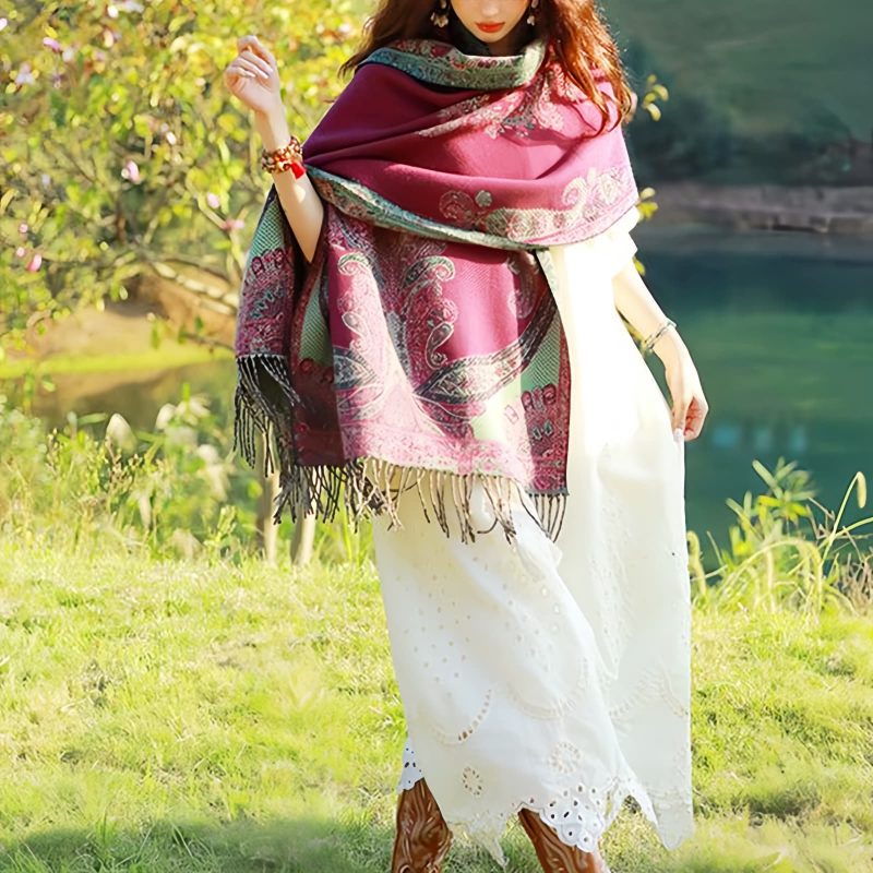 Chale con Estampado de Hojas de Vid Tibetano Tibetan Vine Leaves Pattern Shawl