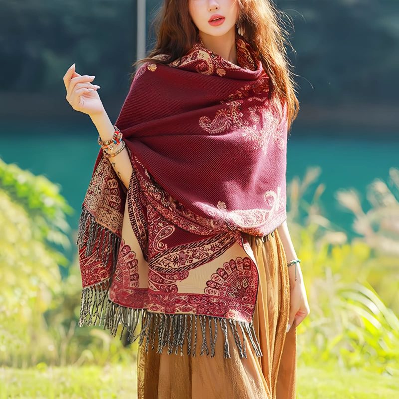 Chale con Estampado de Hojas de Vid Tibetano Tibetan Vine Leaves Pattern Shawl