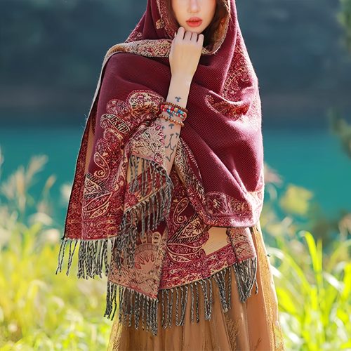 Chale con Estampado de Hojas de Vid Tibetano Chale con Estampado de Hojas de Vid Tibetano