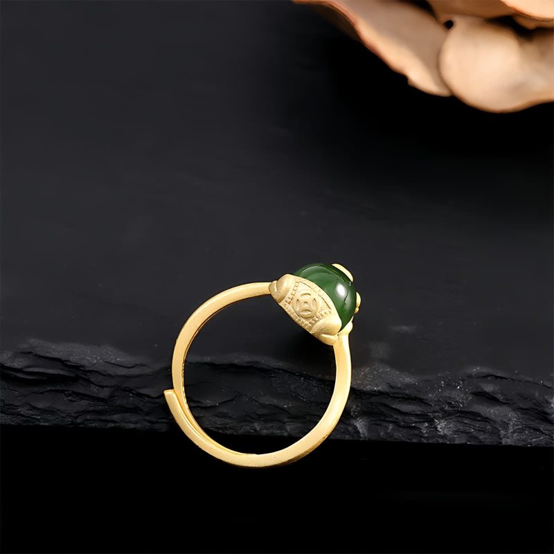 18K金メッキ ピクシー 財運リング(白翡翠&緑翡翠) 18K Gold-plated Pixiu Wealth Ring with White and Green Jade