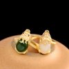 18K金メッキ ピクシー 財運リング(白翡翠&緑翡翠) 18K Gold-plated Pixiu Wealth Ring with White and Green Jade