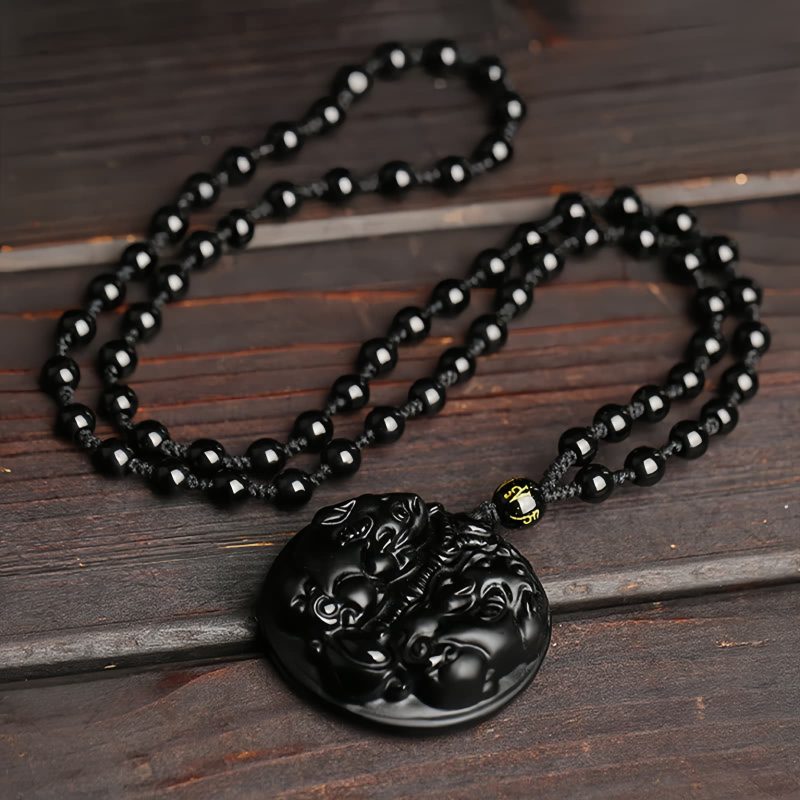 Collar de Purificación de Obsidiana Negra con Doble Pixiu Black Obsidian Double Pixiu Purification Necklace