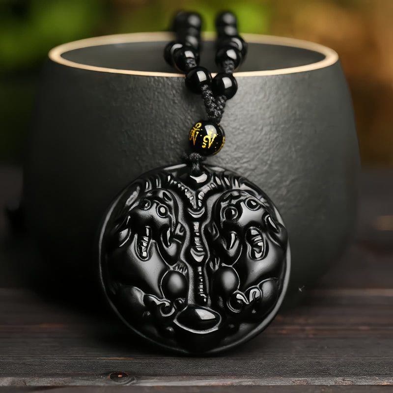 Collar de Purificación de Obsidiana Negra con Doble Pixiu Black Obsidian Double Pixiu Purification Necklace