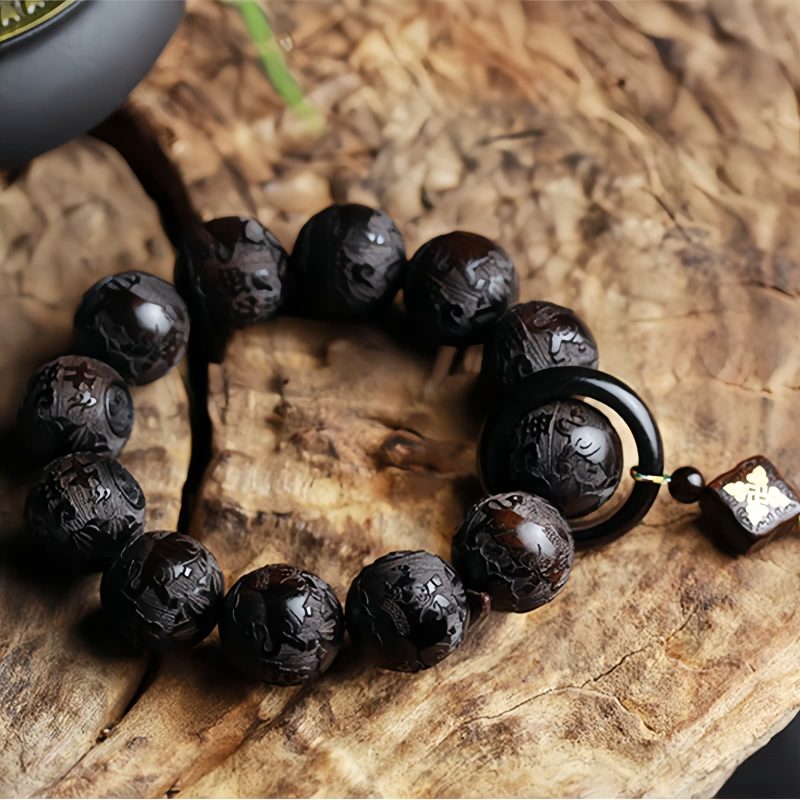 سوار يد من خشب الأبنوس المنقوش بتصميم يين ويانغ على شكل قرع Ebony Wood Yin Yang Engraved Gourd Balance Bracelet
