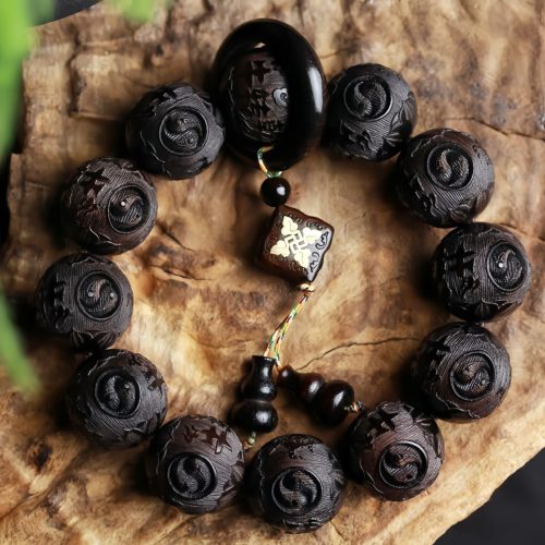 Pulsera de Equilibrio con Grabado Yin Yang en Madera de Ébano y Calabazo Pulsera de Equilibrio con Grabado Yin Yang en Madera de Ébano y Calabazo