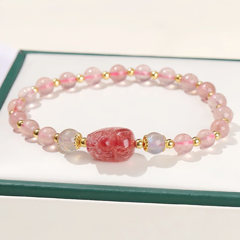 ムーンストーン・トルマリンヒーリングブレスレットとピシャ Moonstone Tourmaline Healing Bracelet with PiXiu