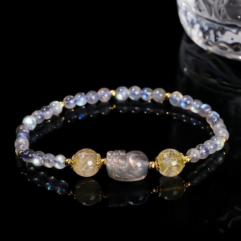 ムーンストーン・トルマリンヒーリングブレスレットとピシャ Moonstone Tourmaline Healing Bracelet with PiXiu