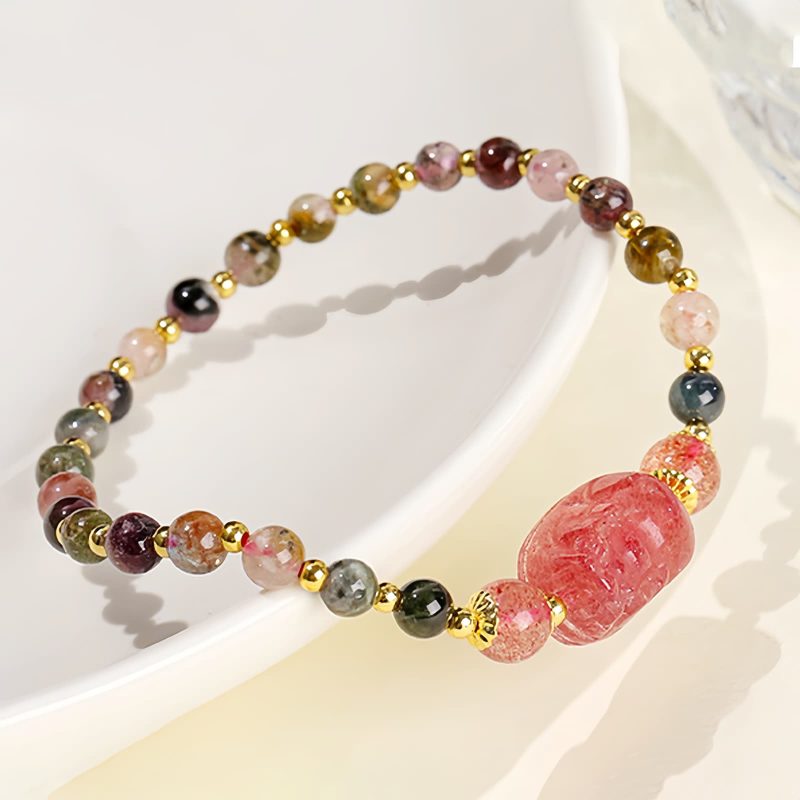 ムーンストーン・トルマリンヒーリングブレスレットとピシャ Moonstone Tourmaline Healing Bracelet with PiXiu