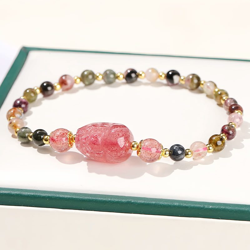 ムーンストーン・トルマリンヒーリングブレスレットとピシャ Moonstone Tourmaline Healing Bracelet with PiXiu
