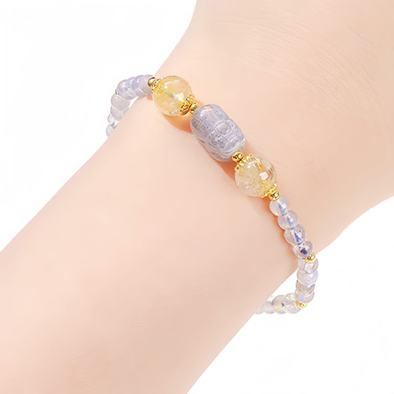 ムーンストーン・トルマリンヒーリングブレスレットとピシャ Moonstone Tourmaline Healing Bracelet with PiXiu