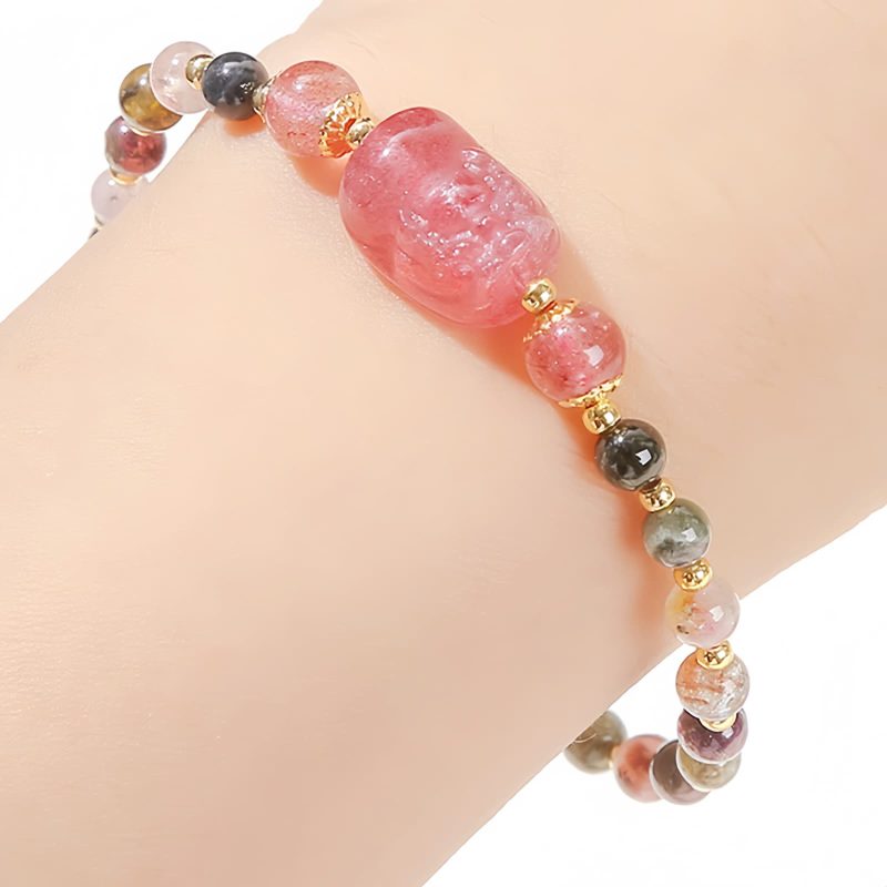 ムーンストーン・トルマリンヒーリングブレスレットとピシャ Moonstone Tourmaline Healing Bracelet with PiXiu