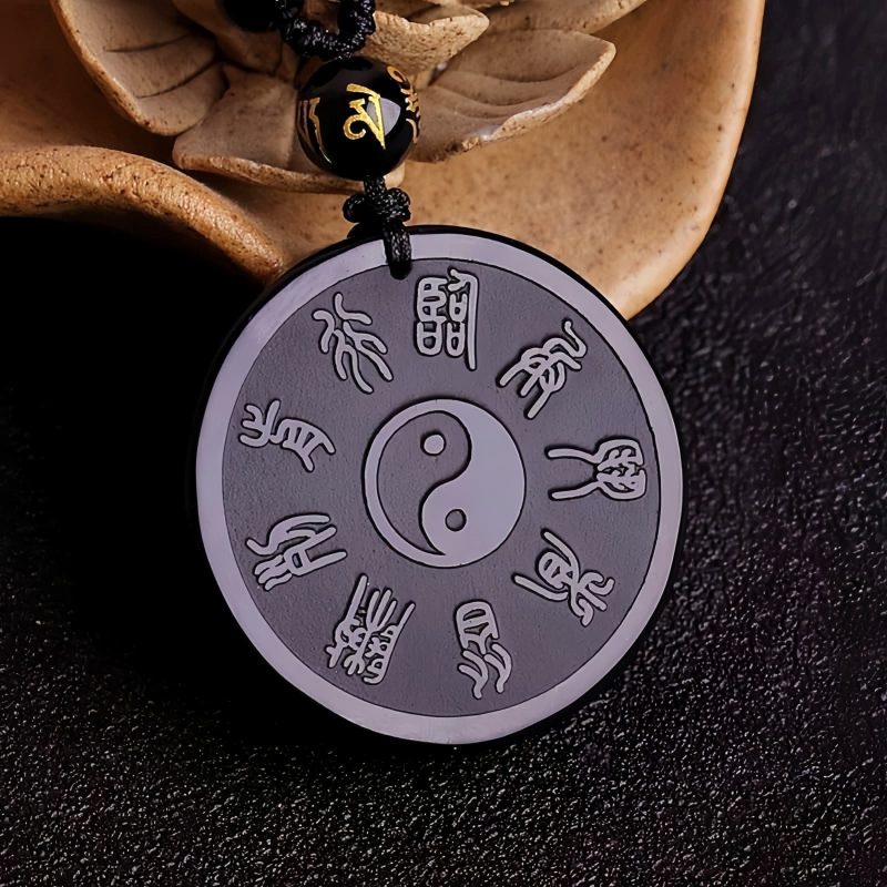 Kalung Liontin Kekuatan Taoisme Obsidian Hitam Alami Natural Black Obsidian Taoism Strength Pendant Necklace