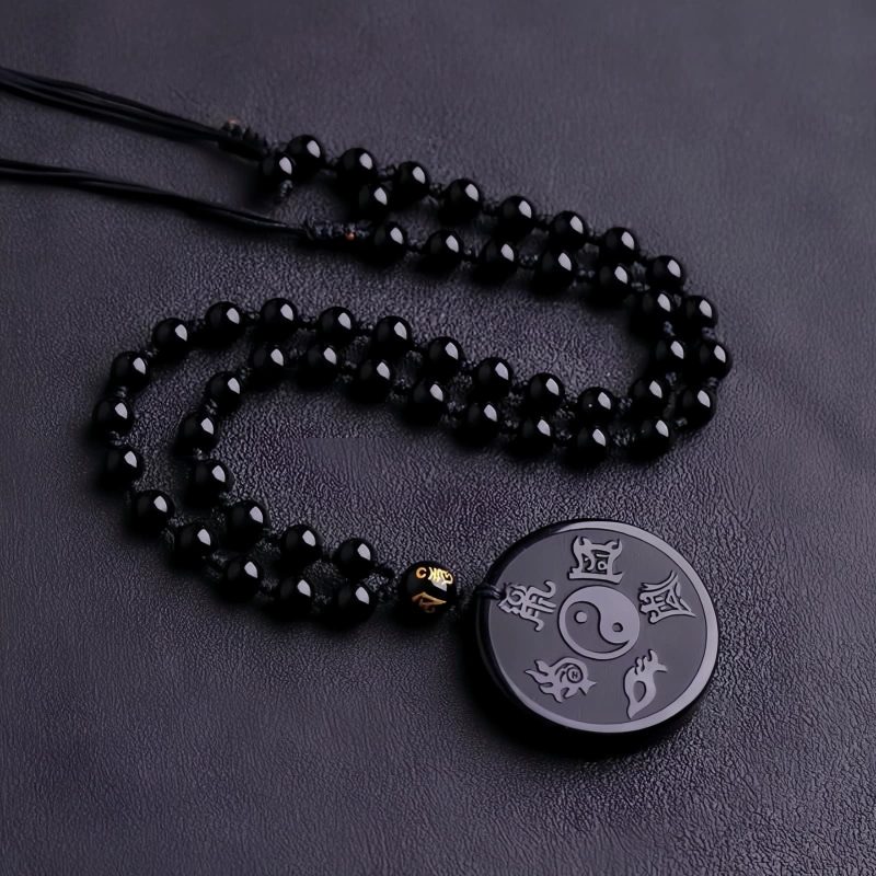 Kalung Liontin Kekuatan Taoisme Obsidian Hitam Alami Natural Black Obsidian Taoism Strength Pendant Necklace