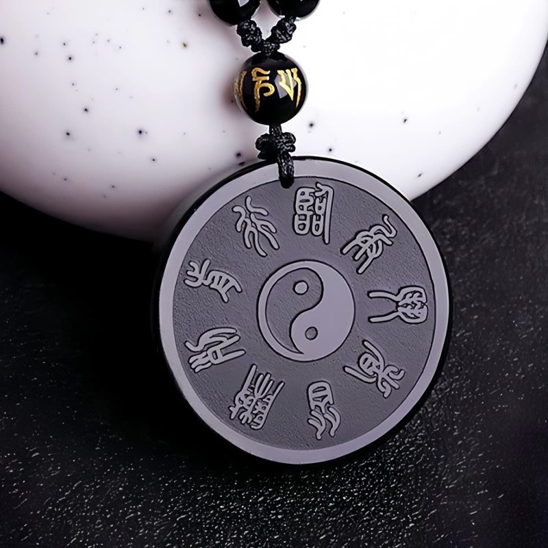 Kalung Liontin Kekuatan Taoisme Obsidian Hitam Alami Natural Black Obsidian Taoism Strength Pendant Necklace