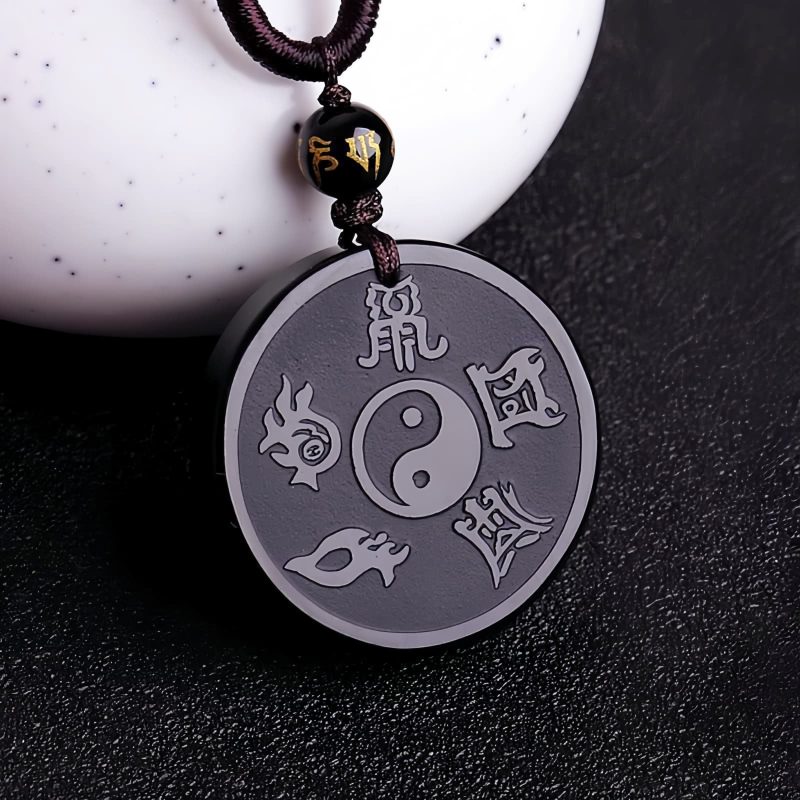 Kalung Liontin Kekuatan Taoisme Obsidian Hitam Alami Natural Black Obsidian Taoism Strength Pendant Necklace