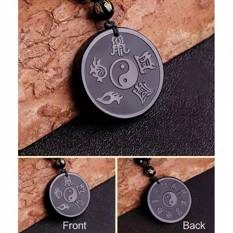 Kalung Liontin Kekuatan Taoisme Obsidian Hitam Alami Natural Black Obsidian Taoism Strength Pendant Necklace