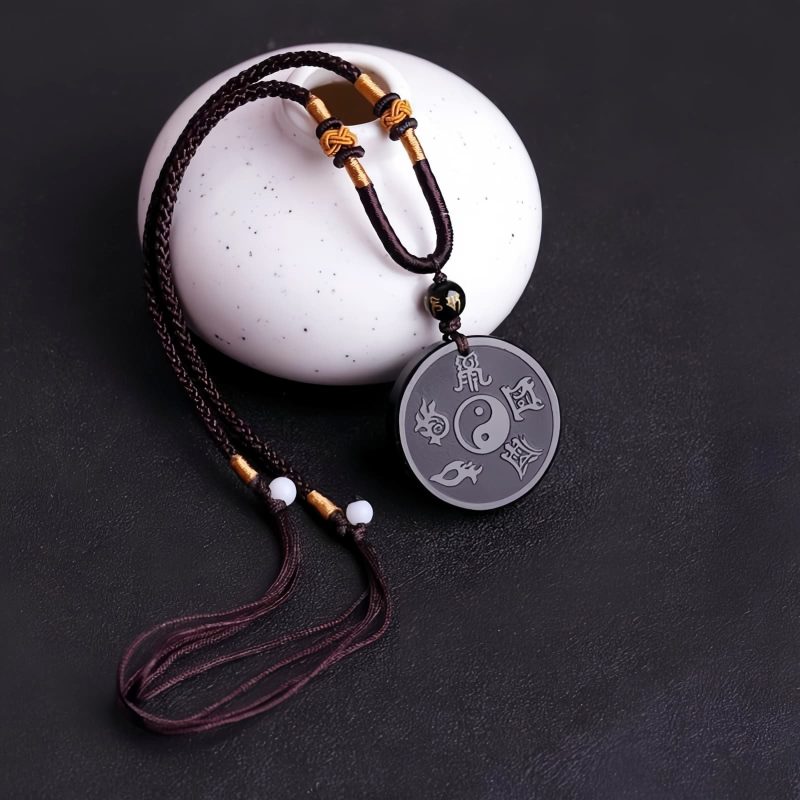 Kalung Liontin Kekuatan Taoisme Obsidian Hitam Alami Natural Black Obsidian Taoism Strength Pendant Necklace