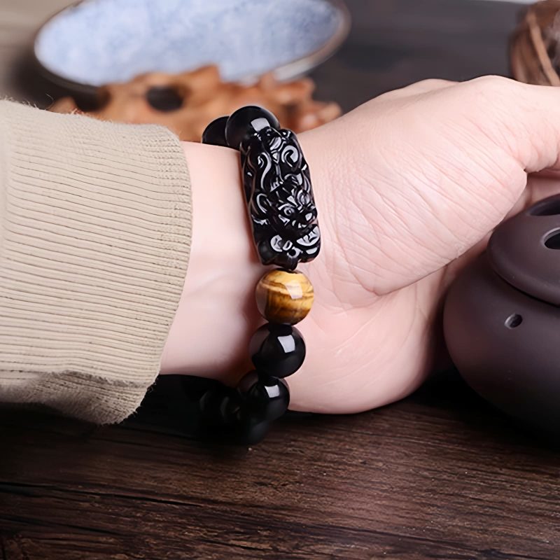 Gelang Perlindungan Kekuatan Natural Obsidian Pixiu Natural Obsidian Pixiu Strength Protection Bracelet