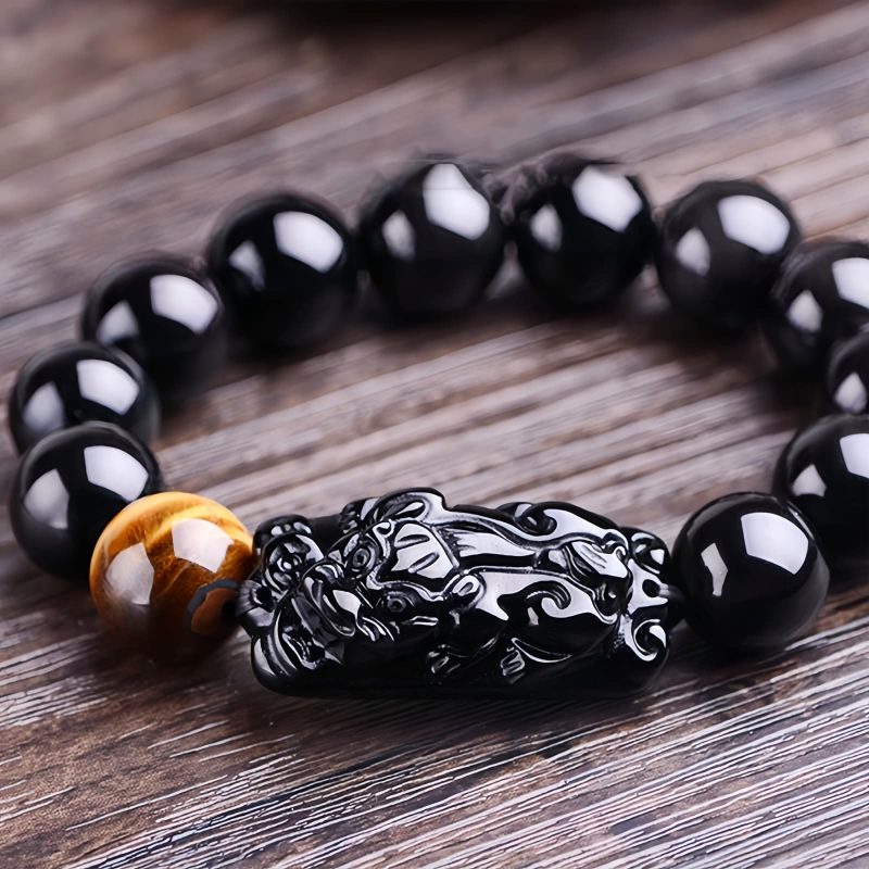 Gelang Perlindungan Kekuatan Natural Obsidian Pixiu Natural Obsidian Pixiu Strength Protection Bracelet