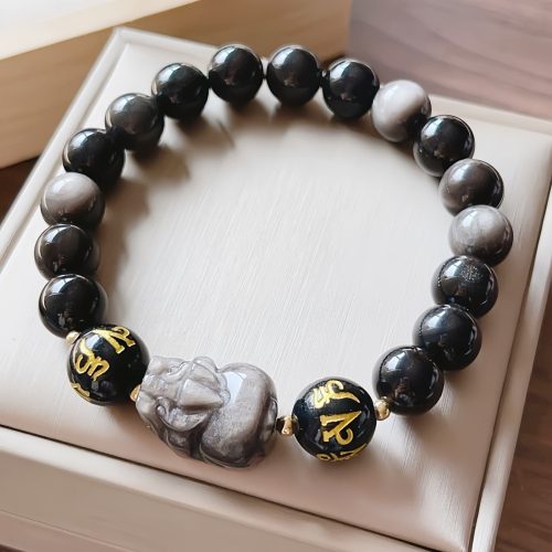 Pulsera de Obsidiana con Brillo Plateado Natural Om Mani Padme Hum Pulsera de Obsidiana con Brillo Plateado Natural Om Mani Padme Hum