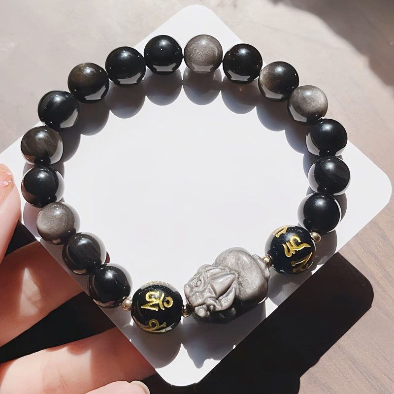Gelang Obsidian Silver Sheen Alami Om Mani Padme Hum Natural Silver Sheen Obsidian Om Mani Padme Hum Bracelet