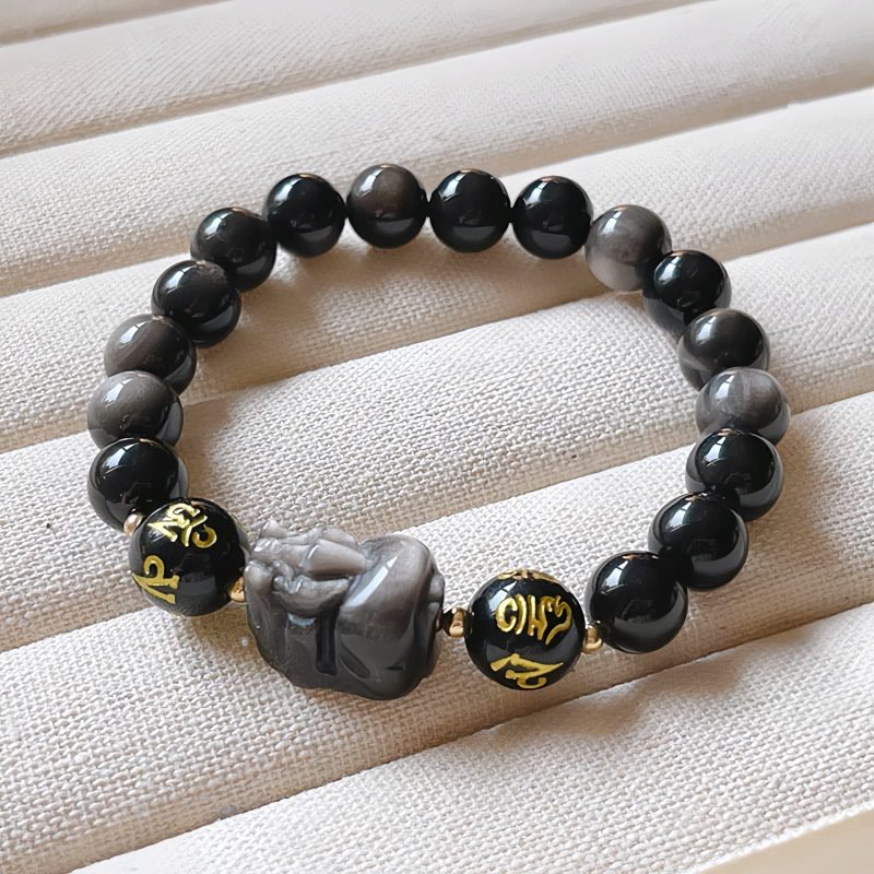 Gelang Obsidian Silver Sheen Alami Om Mani Padme Hum Natural Silver Sheen Obsidian Om Mani Padme Hum Bracelet