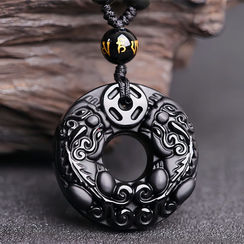 Collar con dije de Pixiu de Obsidiana para la Abundancia Obsidian Wealth Pixiu Pendant Necklace