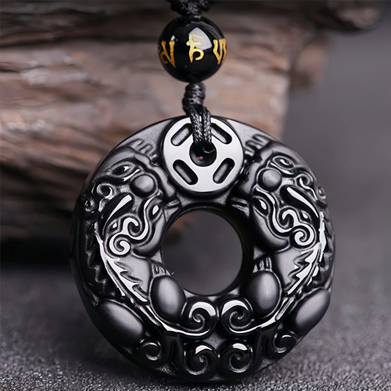 Collar con dije de Pixiu de Obsidiana para la Abundancia Obsidian Wealth Pixiu Pendant Necklace