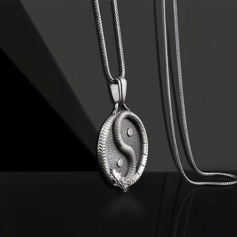 Collar con colgante de Dragón Yin Yang de Estaño Puro Pure Tin Yin Yang Dragon Pendant Necklace