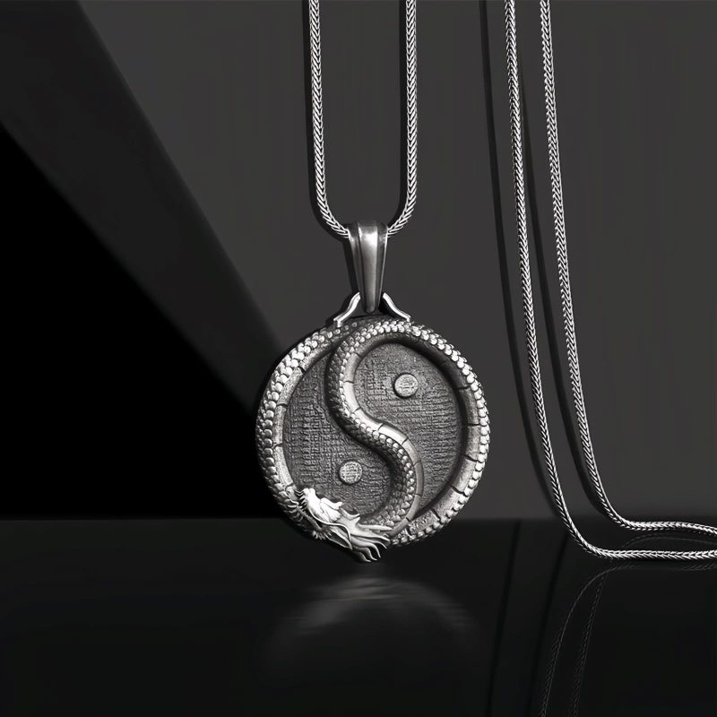 Collar con colgante de Dragón Yin Yang de Estaño Puro Pure Tin Yin Yang Dragon Pendant Necklace