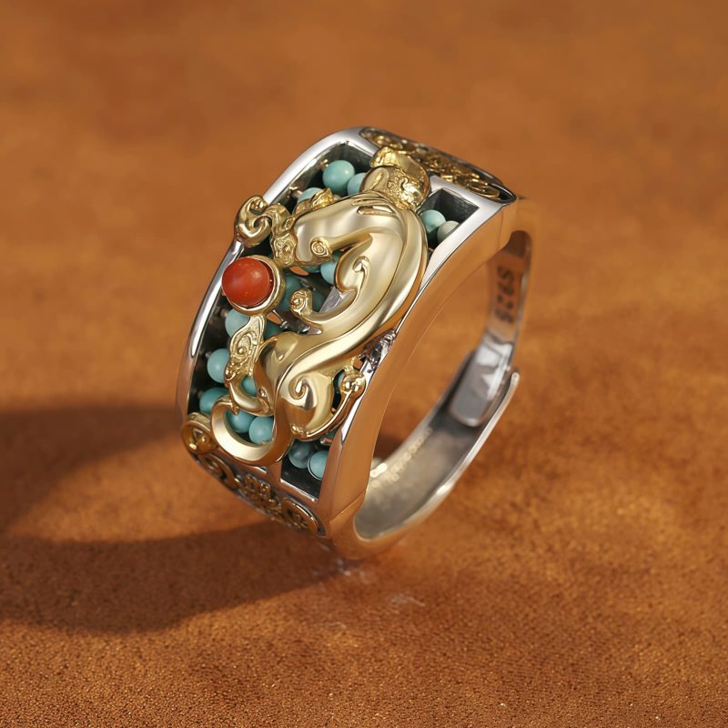 チベット産ターコイズ&レッドアゲート貔貅(ピィシュー)プロテクションリング Tibetan Turquoise Red Agate PiXiu Protection Ring