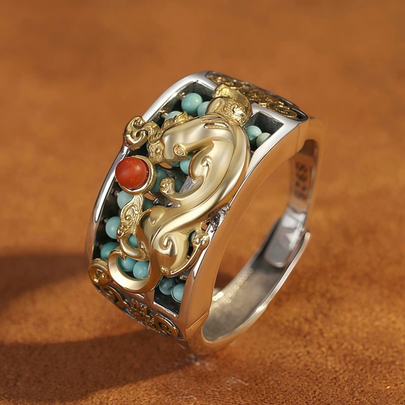 チベット産ターコイズ&レッドアゲート貔貅(ピィシュー)プロテクションリング Tibetan Turquoise Red Agate PiXiu Protection Ring